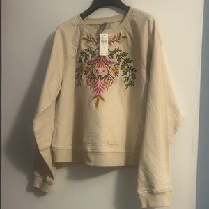 Anthropologie Cream Sweatshirt with Floral Embroidery